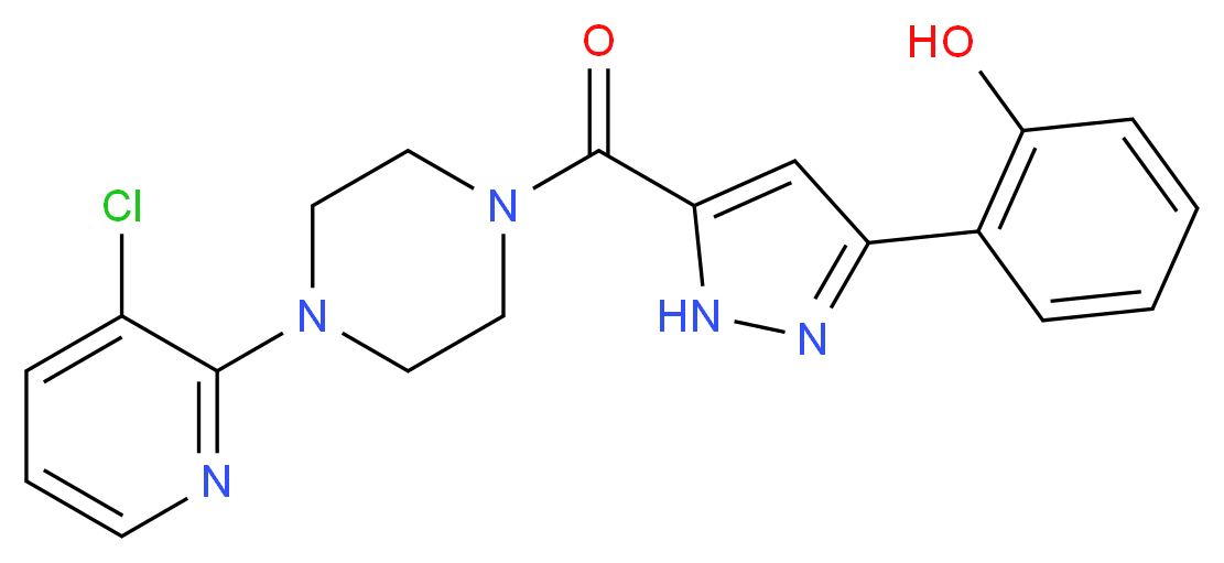 2-(5-{[4-(3-chloro-2-pyridinyl)-1-piperazinyl]carbonyl}-1H-pyrazol-3-yl)phenol_Molecular_structure_CAS_)