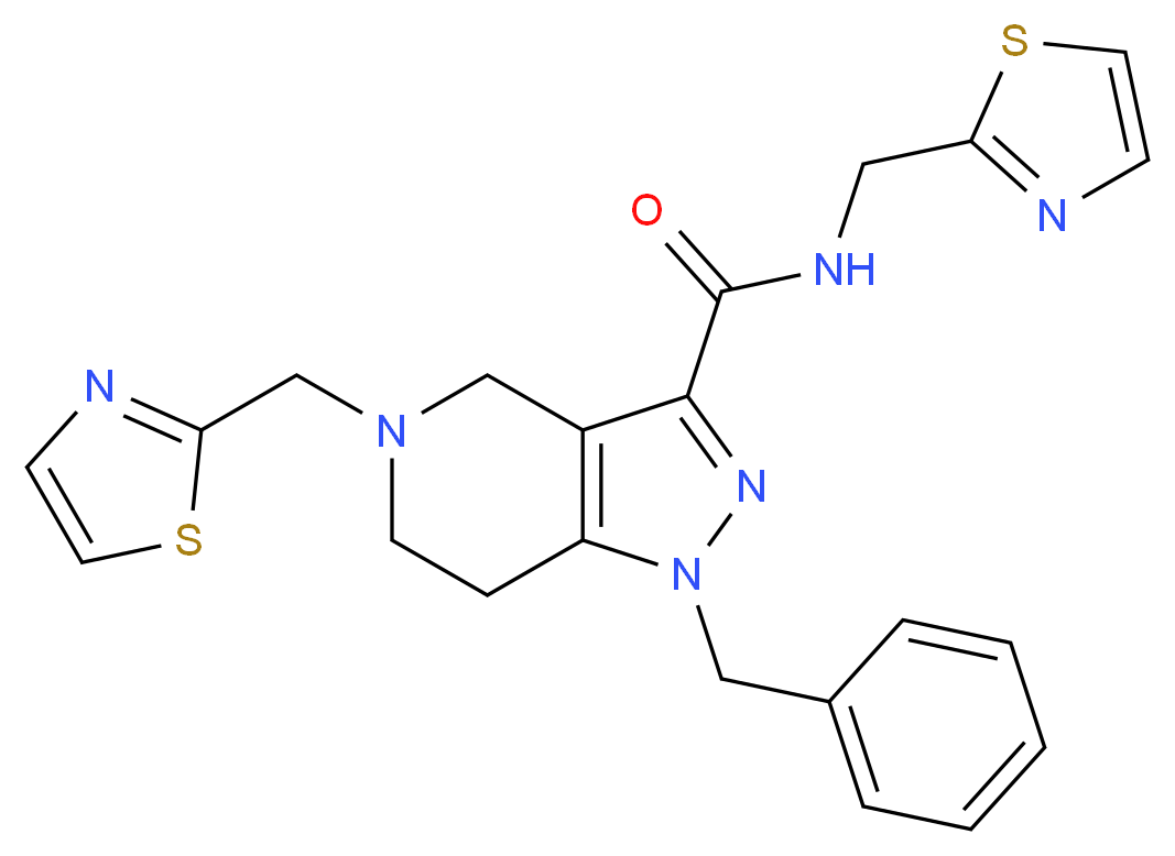 1-benzyl-N,5-bis(1,3-thiazol-2-ylmethyl)-4,5,6,7-tetrahydro-1H-pyrazolo[4,3-c]pyridine-3-carboxamide_Molecular_structure_CAS_)