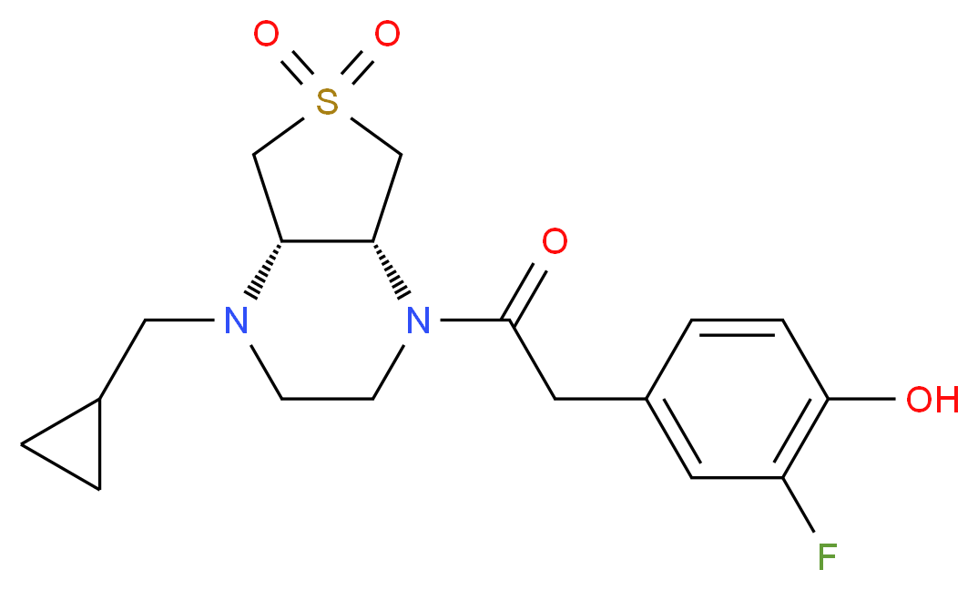 4-{2-[(4aS*,7aR*)-4-(cyclopropylmethyl)-6,6-dioxidohexahydrothieno[3,4-b]pyrazin-1(2H)-yl]-2-oxoethyl}-2-fluorophenol_Molecular_structure_CAS_)