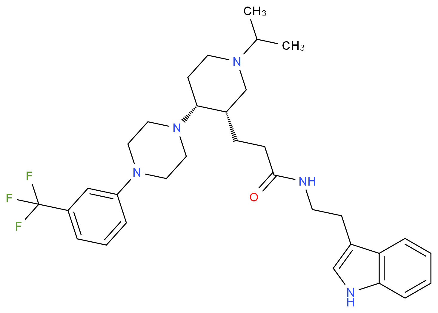 N-[2-(1H-indol-3-yl)ethyl]-3-((3S*,4R*)-1-isopropyl-4-{4-[3-(trifluoromethyl)phenyl]-1-piperazinyl}-3-piperidinyl)propanamide_Molecular_structure_CAS_)