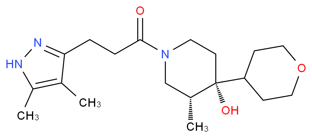 (3R*,4R*)-1-[3-(4,5-dimethyl-1H-pyrazol-3-yl)propanoyl]-3-methyl-4-(tetrahydro-2H-pyran-4-yl)piperidin-4-ol_Molecular_structure_CAS_)