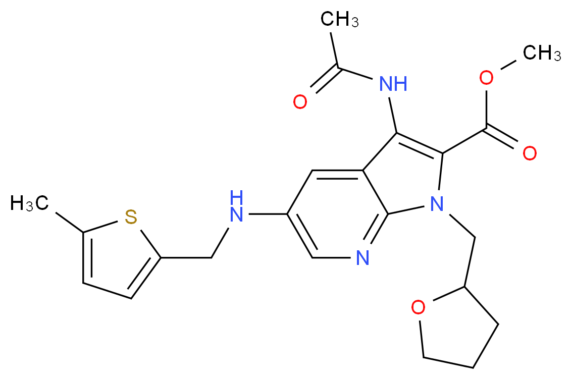 methyl 3-(acetylamino)-5-{[(5-methyl-2-thienyl)methyl]amino}-1-(tetrahydro-2-furanylmethyl)-1H-pyrrolo[2,3-b]pyridine-2-carboxylate_Molecular_structure_CAS_)