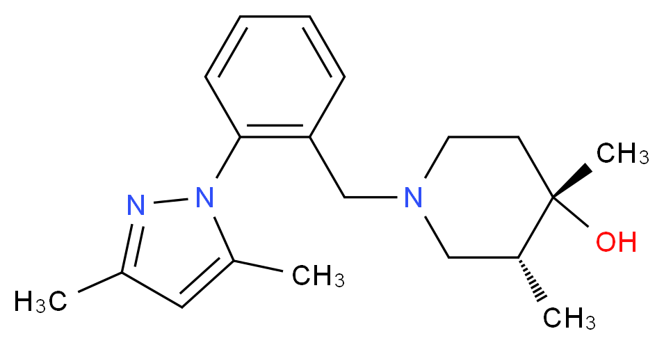 (3R*,4S*)-1-[2-(3,5-dimethyl-1H-pyrazol-1-yl)benzyl]-3,4-dimethylpiperidin-4-ol_Molecular_structure_CAS_)