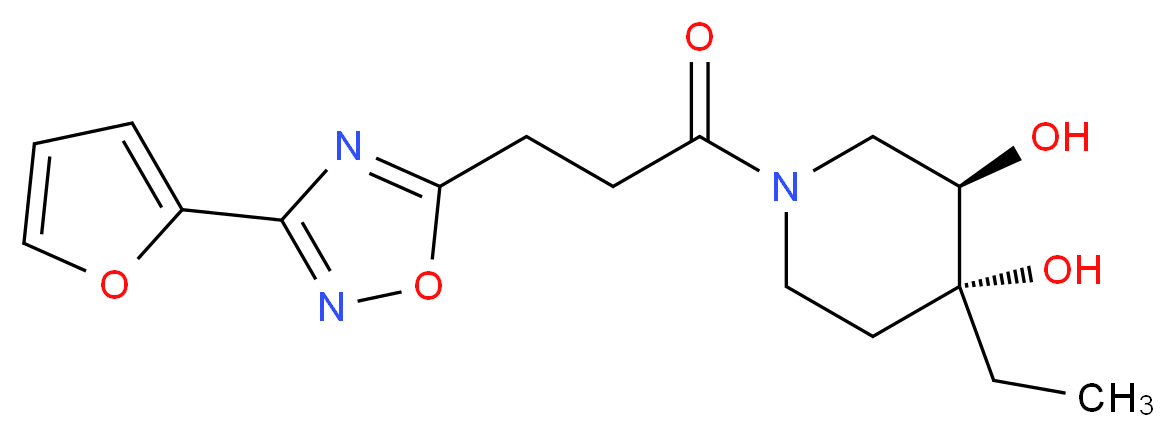 (3R*,4R*)-4-ethyl-1-{3-[3-(2-furyl)-1,2,4-oxadiazol-5-yl]propanoyl}piperidine-3,4-diol_Molecular_structure_CAS_)