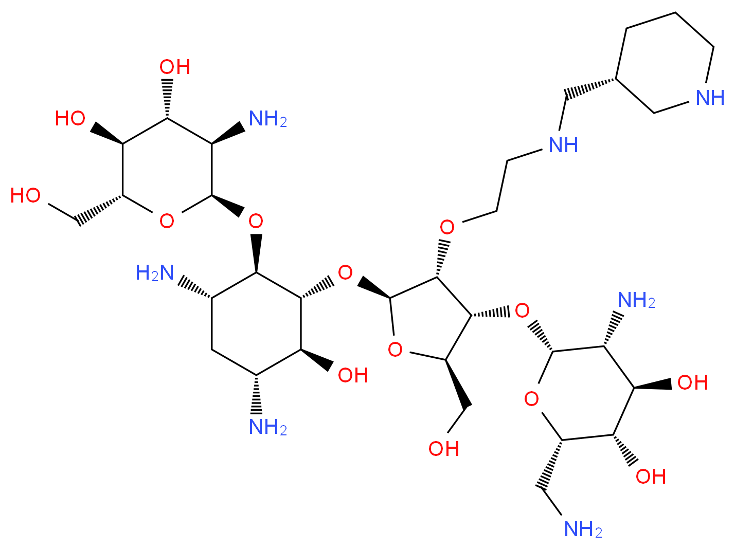 (2S,3S,4R,5R,6R)-5-Amino-2-(Aminomethyl)-6-((2R,3R,4R,5S)-5-((1R,2R,3S,5R,6S)-3,5-Diamino-2-((2S,3R,4R,5S,6R)-3-amino-4,5-dihydroxy-6-(hydroxymethyl)-tetrahydro-2H-pyran-2-yloxy)-6-hydroxycyclohexyloxy)-2-(hydroxymethyl)-4-(2-((R)-piperidin-3-ylmethylamin_Molecular_structure_CAS_)