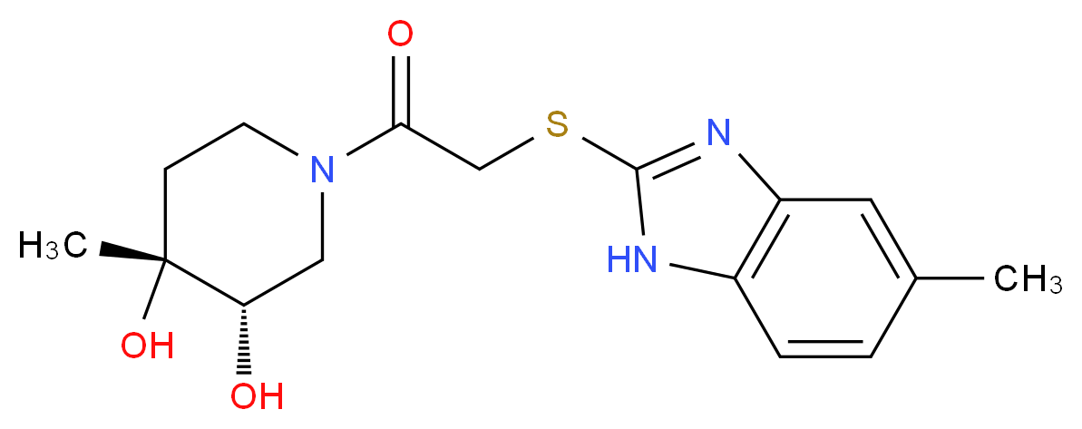 (3S*,4R*)-4-methyl-1-{[(5-methyl-1H-benzimidazol-2-yl)thio]acetyl}piperidine-3,4-diol_Molecular_structure_CAS_)