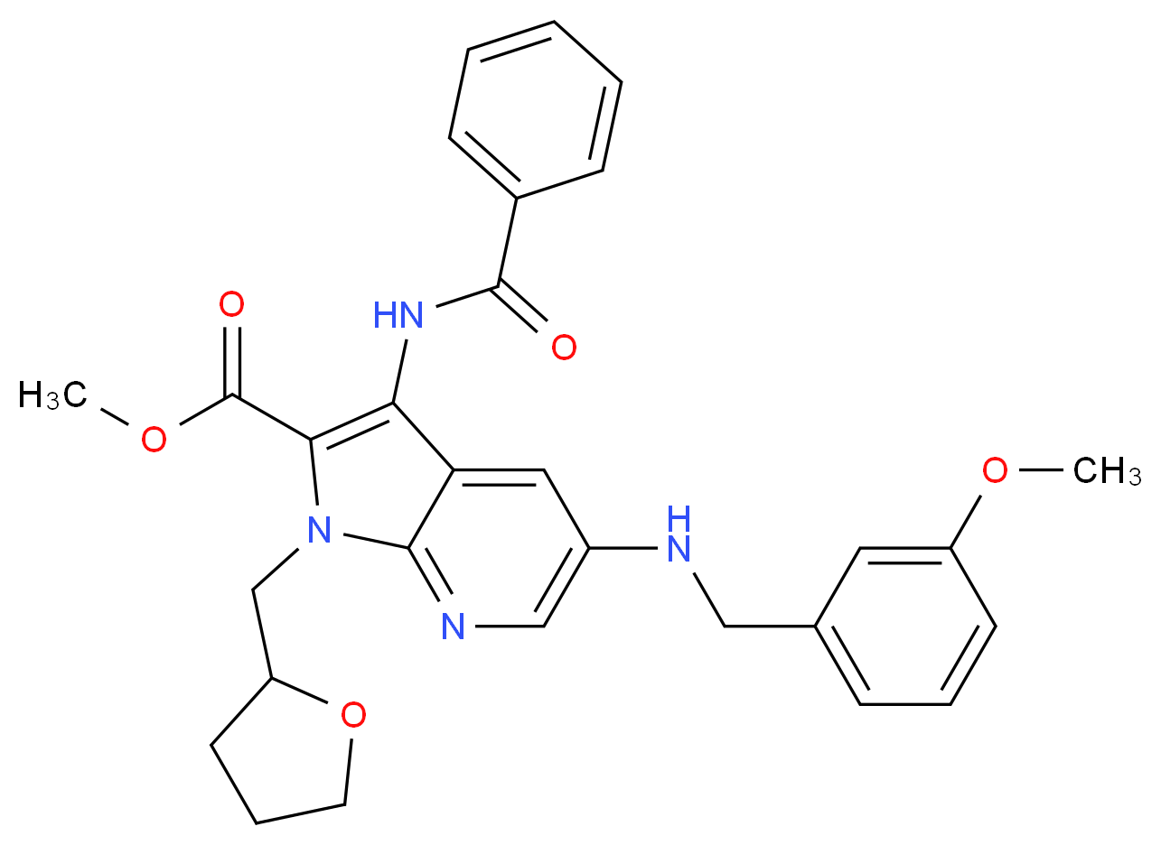 methyl 3-(benzoylamino)-5-[(3-methoxybenzyl)amino]-1-(tetrahydro-2-furanylmethyl)-1H-pyrrolo[2,3-b]pyridine-2-carboxylate_Molecular_structure_CAS_)