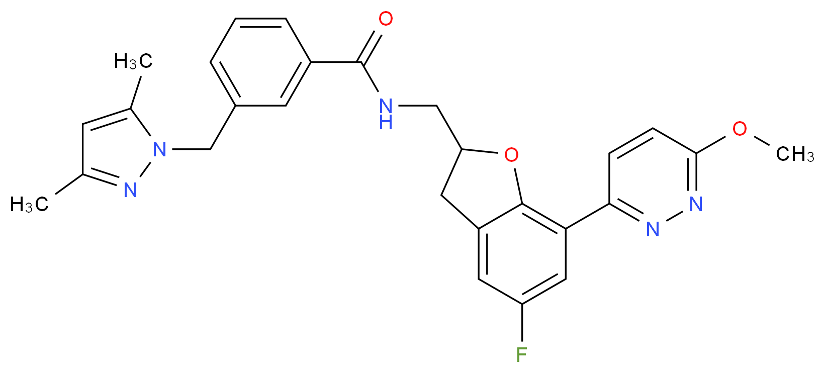 3-[(3,5-dimethyl-1H-pyrazol-1-yl)methyl]-N-{[5-fluoro-7-(6-methoxy-3-pyridazinyl)-2,3-dihydro-1-benzofuran-2-yl]methyl}benzamide_Molecular_structure_CAS_)