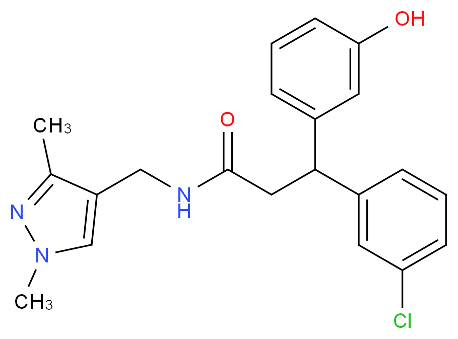 3-(3-chlorophenyl)-N-[(1,3-dimethyl-1H-pyrazol-4-yl)methyl]-3-(3-hydroxyphenyl)propanamide_Molecular_structure_CAS_)