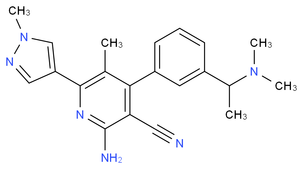 2-amino-4-{3-[1-(dimethylamino)ethyl]phenyl}-5-methyl-6-(1-methyl-1H-pyrazol-4-yl)nicotinonitrile_Molecular_structure_CAS_)