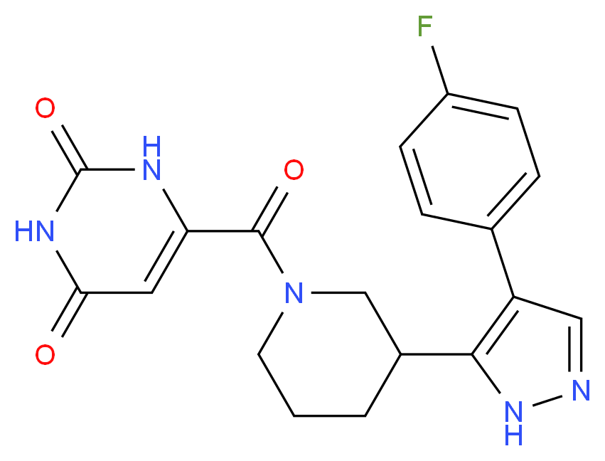6-({3-[4-(4-fluorophenyl)-1H-pyrazol-5-yl]piperidin-1-yl}carbonyl)pyrimidine-2,4(1H,3H)-dione_Molecular_structure_CAS_)