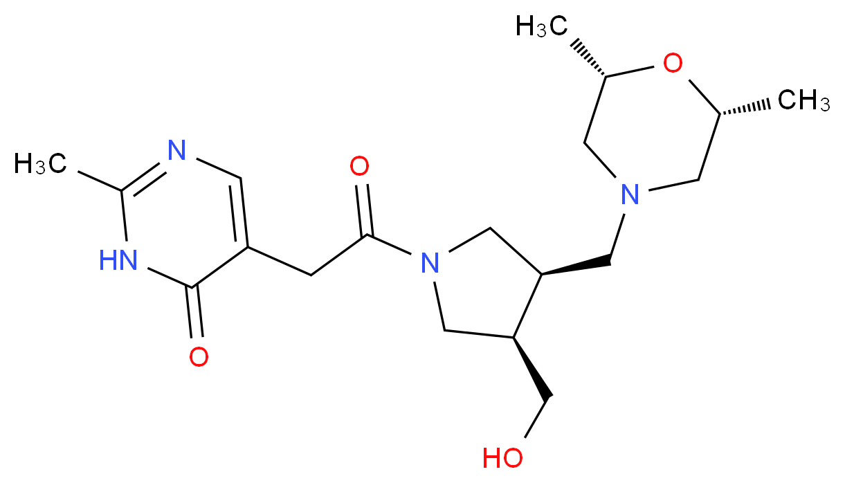 5-{2-[(3R*,4R*)-3-{[(2R*,6S*)-2,6-dimethylmorpholin-4-yl]methyl}-4-(hydroxymethyl)pyrrolidin-1-yl]-2-oxoethyl}-2-methylpyrimidin-4(3H)-one_Molecular_structure_CAS_)