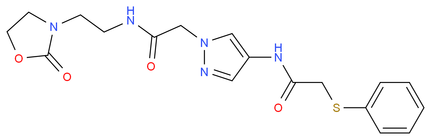 N-[1-(2-oxo-2-{[2-(2-oxo-1,3-oxazolidin-3-yl)ethyl]amino}ethyl)-1H-pyrazol-4-yl]-2-(phenylthio)acetamide_Molecular_structure_CAS_)