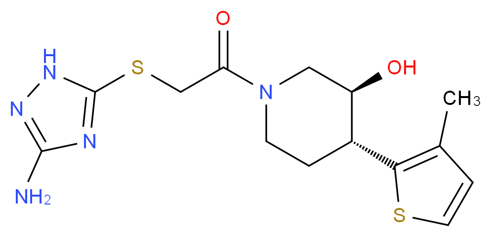 (3S*,4R*)-1-{[(3-amino-1H-1,2,4-triazol-5-yl)thio]acetyl}-4-(3-methyl-2-thienyl)piperidin-3-ol_Molecular_structure_CAS_)