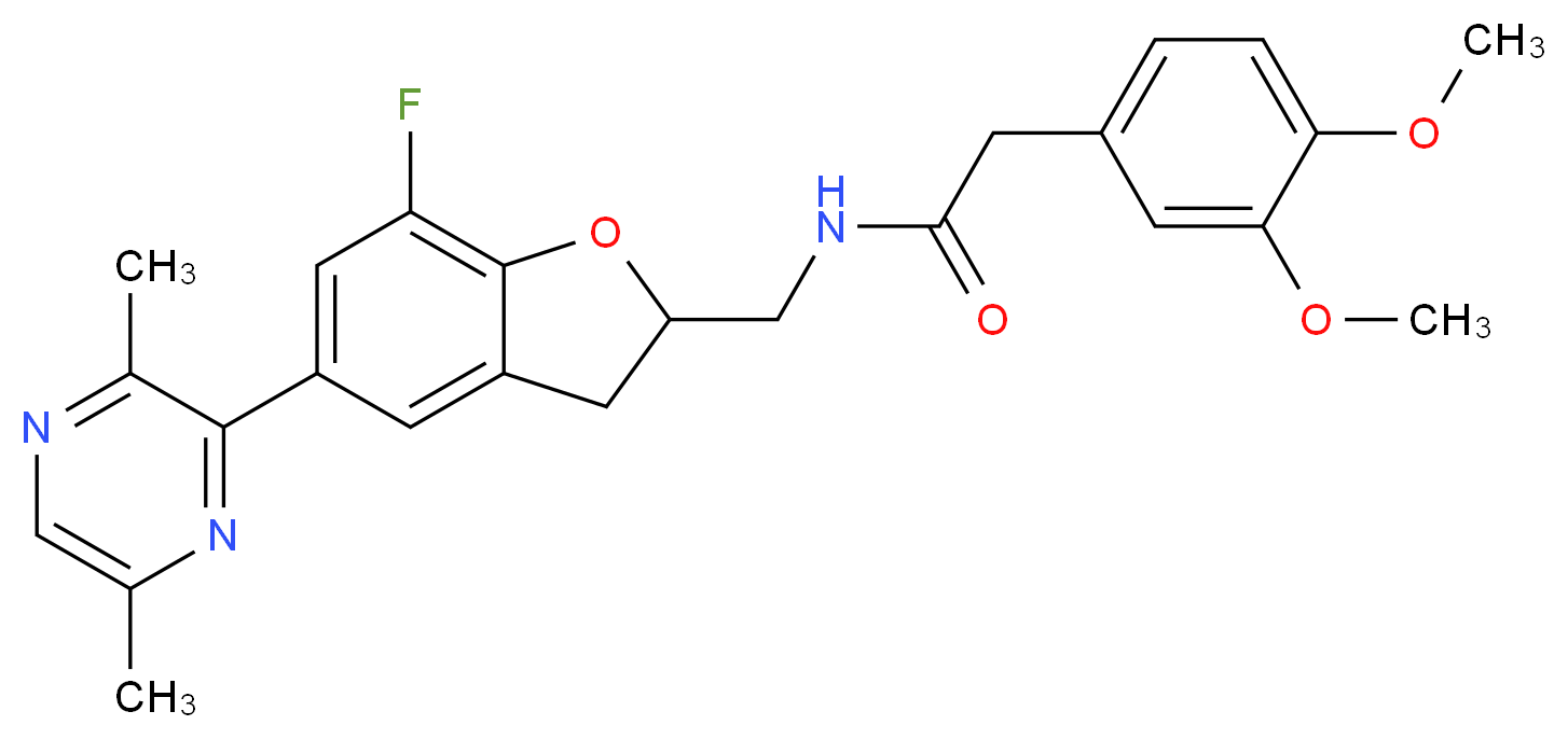 2-(3,4-dimethoxyphenyl)-N-{[5-(3,6-dimethyl-2-pyrazinyl)-7-fluoro-2,3-dihydro-1-benzofuran-2-yl]methyl}acetamide_Molecular_structure_CAS_)