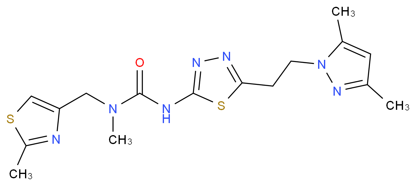 N'-{5-[2-(3,5-dimethyl-1H-pyrazol-1-yl)ethyl]-1,3,4-thiadiazol-2-yl}-N-methyl-N-[(2-methyl-1,3-thiazol-4-yl)methyl]urea_Molecular_structure_CAS_)
