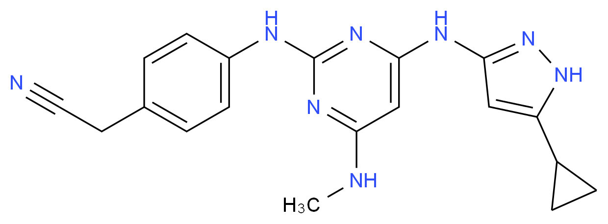 [4-({4-[(5-cyclopropyl-1H-pyrazol-3-yl)amino]-6-(methylamino)pyrimidin-2-yl}amino)phenyl]acetonitrile_Molecular_structure_CAS_)