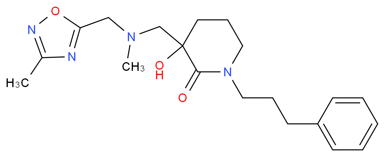 3-hydroxy-3-({methyl[(3-methyl-1,2,4-oxadiazol-5-yl)methyl]amino}methyl)-1-(3-phenylpropyl)piperidin-2-one_Molecular_structure_CAS_)