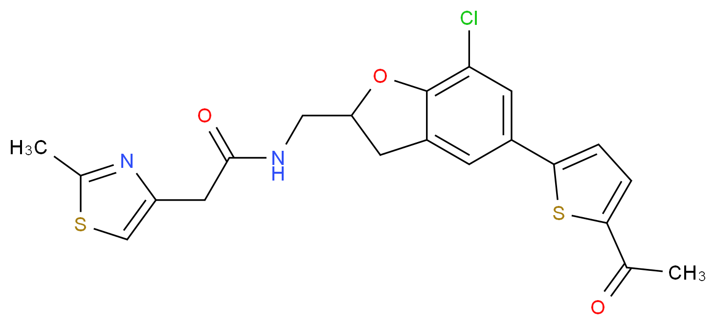 N-{[5-(5-acetyl-2-thienyl)-7-chloro-2,3-dihydro-1-benzofuran-2-yl]methyl}-2-(2-methyl-1,3-thiazol-4-yl)acetamide_Molecular_structure_CAS_)