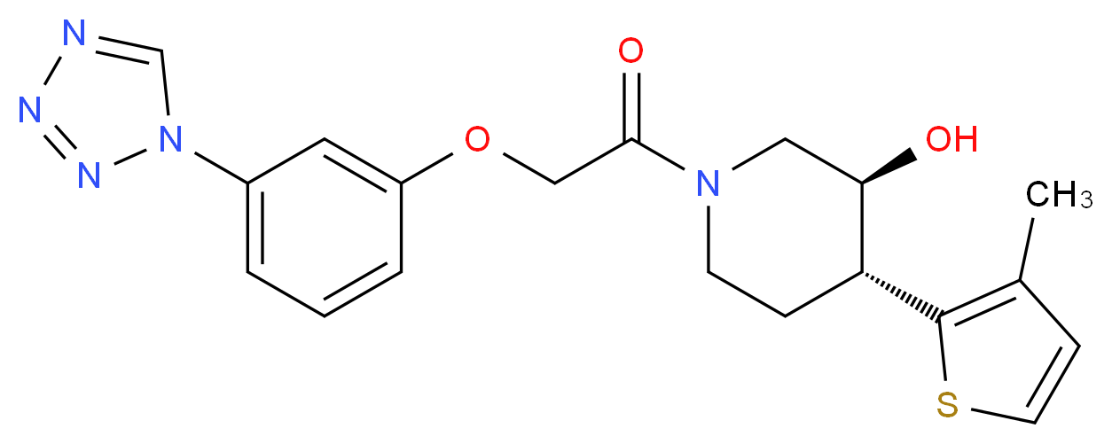 (3S*,4R*)-4-(3-methyl-2-thienyl)-1-{[3-(1H-tetrazol-1-yl)phenoxy]acetyl}piperidin-3-ol_Molecular_structure_CAS_)