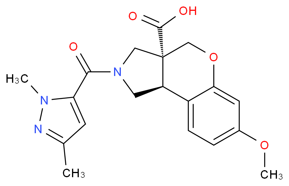 (3aR*,9bR*)-2-[(1,3-dimethyl-1H-pyrazol-5-yl)carbonyl]-7-methoxy-1,2,3,9b-tetrahydrochromeno[3,4-c]pyrrole-3a(4H)-carboxylic acid_Molecular_structure_CAS_)