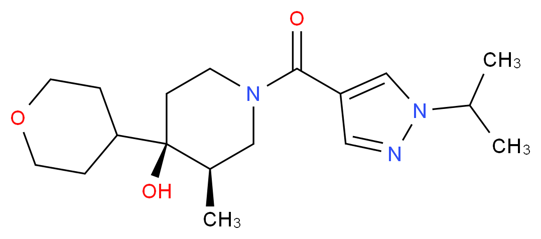 (3R*,4R*)-1-[(1-isopropyl-1H-pyrazol-4-yl)carbonyl]-3-methyl-4-(tetrahydro-2H-pyran-4-yl)piperidin-4-ol_Molecular_structure_CAS_)