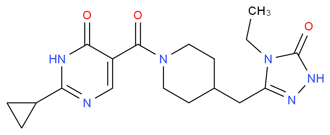 2-cyclopropyl-5-({4-[(4-ethyl-5-oxo-4,5-dihydro-1H-1,2,4-triazol-3-yl)methyl]piperidin-1-yl}carbonyl)pyrimidin-4(3H)-one_Molecular_structure_CAS_)