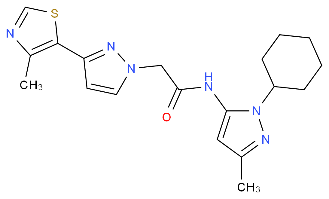 N-(1-cyclohexyl-3-methyl-1H-pyrazol-5-yl)-2-[3-(4-methyl-1,3-thiazol-5-yl)-1H-pyrazol-1-yl]acetamide_Molecular_structure_CAS_)