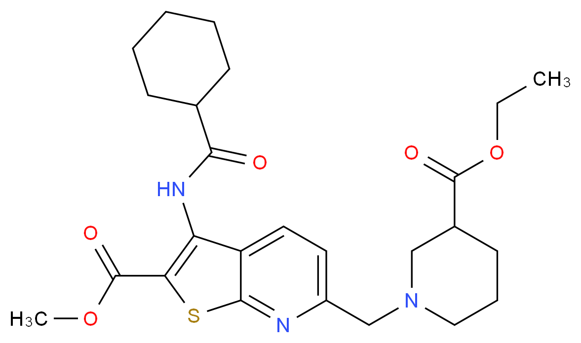 methyl 3-[(cyclohexylcarbonyl)amino]-6-{[3-(ethoxycarbonyl)-1-piperidinyl]methyl}thieno[2,3-b]pyridine-2-carboxylate_Molecular_structure_CAS_)
