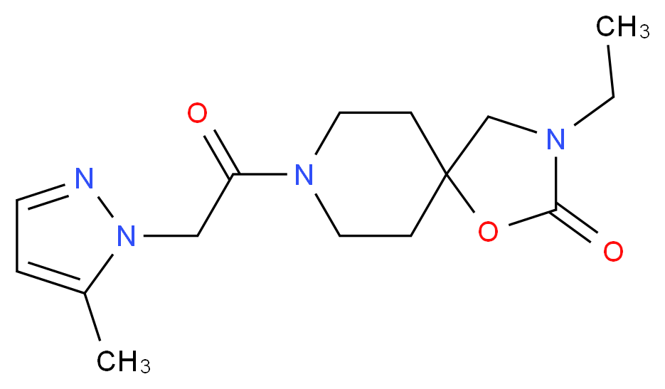3-ethyl-8-[(5-methyl-1H-pyrazol-1-yl)acetyl]-1-oxa-3,8-diazaspiro[4.5]decan-2-one_Molecular_structure_CAS_)
