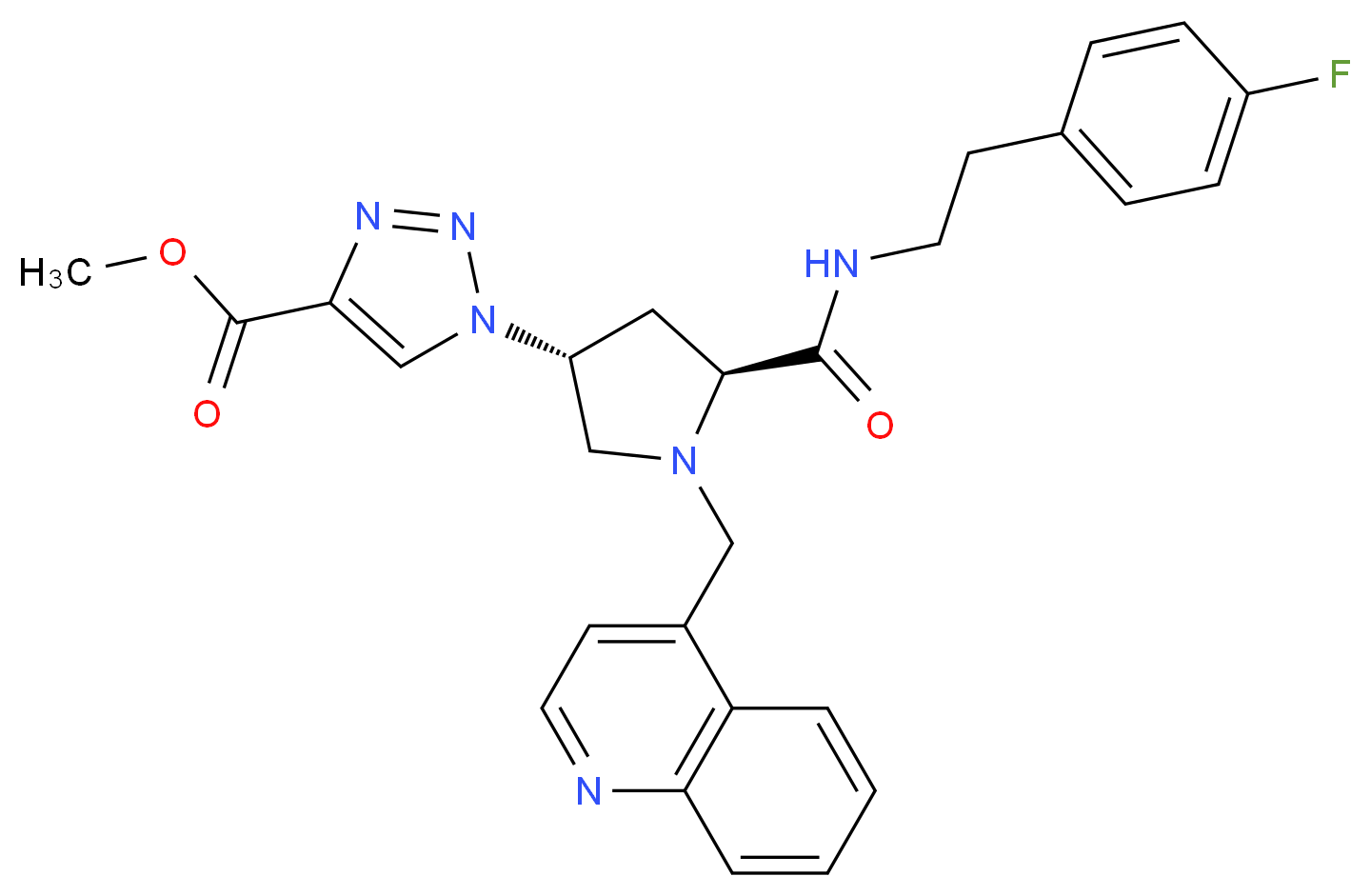 methyl 1-[(3R,5S)-5-({[2-(4-fluorophenyl)ethyl]amino}carbonyl)-1-(4-quinolinylmethyl)-3-pyrrolidinyl]-1H-1,2,3-triazole-4-carboxylate_Molecular_structure_CAS_)
