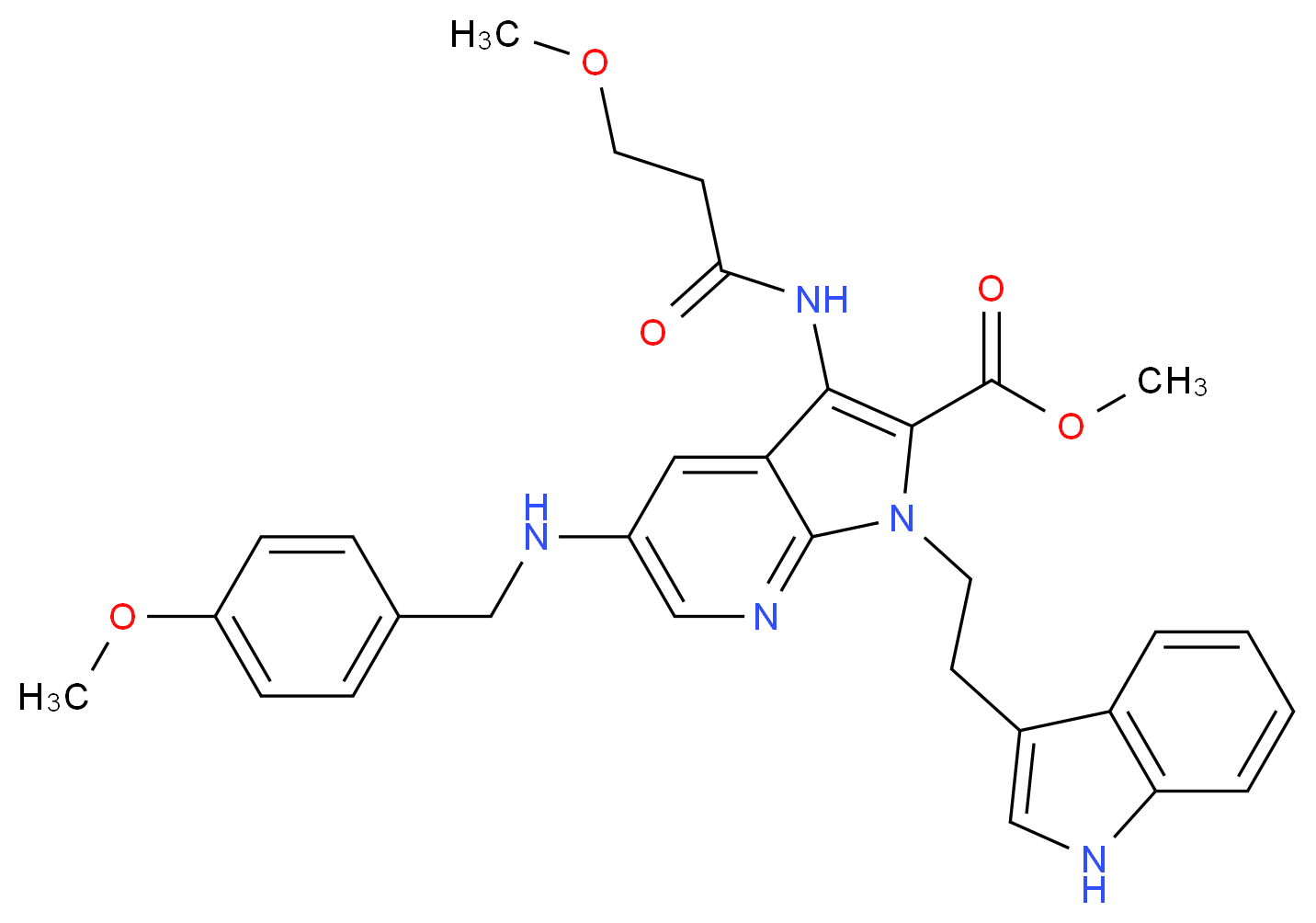methyl 1-[2-(1H-indol-3-yl)ethyl]-5-[(4-methoxybenzyl)amino]-3-[(3-methoxypropanoyl)amino]-1H-pyrrolo[2,3-b]pyridine-2-carboxylate_Molecular_structure_CAS_)