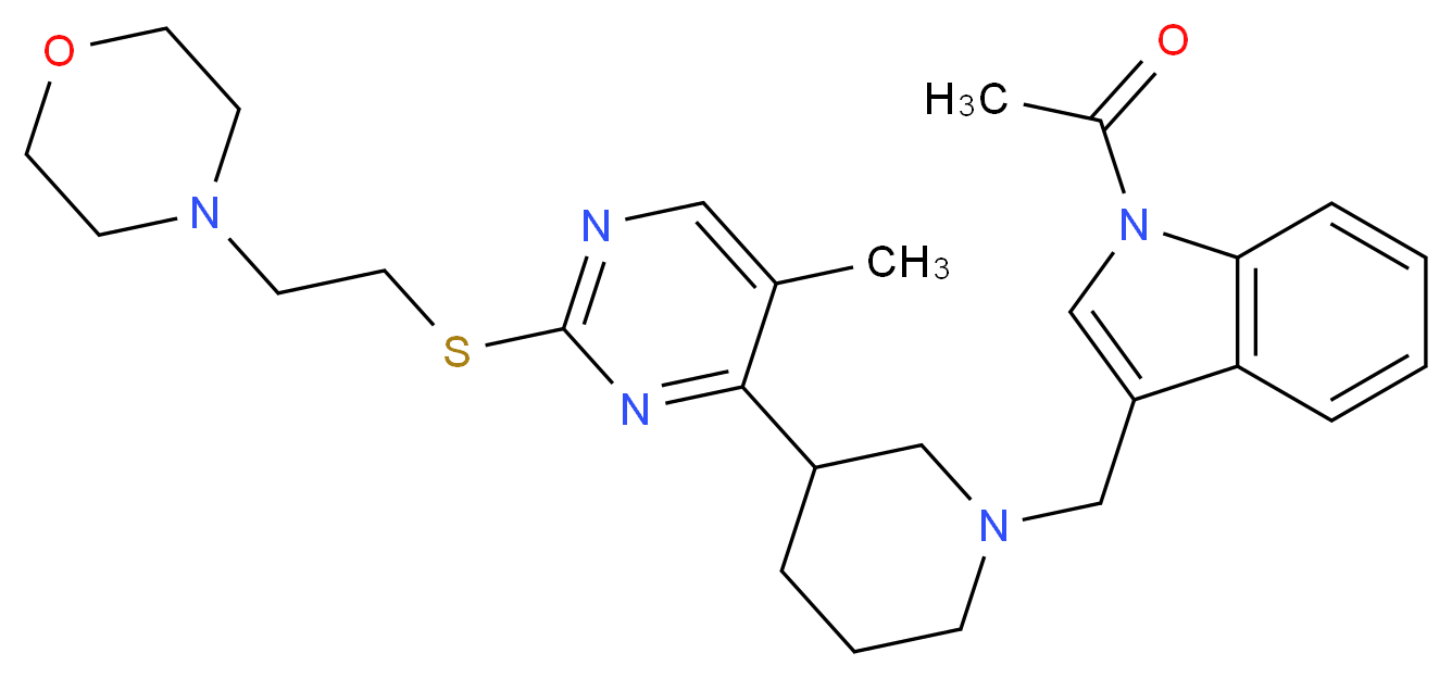 1-acetyl-3-{[3-(5-methyl-2-{[2-(4-morpholinyl)ethyl]thio}-4-pyrimidinyl)-1-piperidinyl]methyl}-1H-indole_Molecular_structure_CAS_)