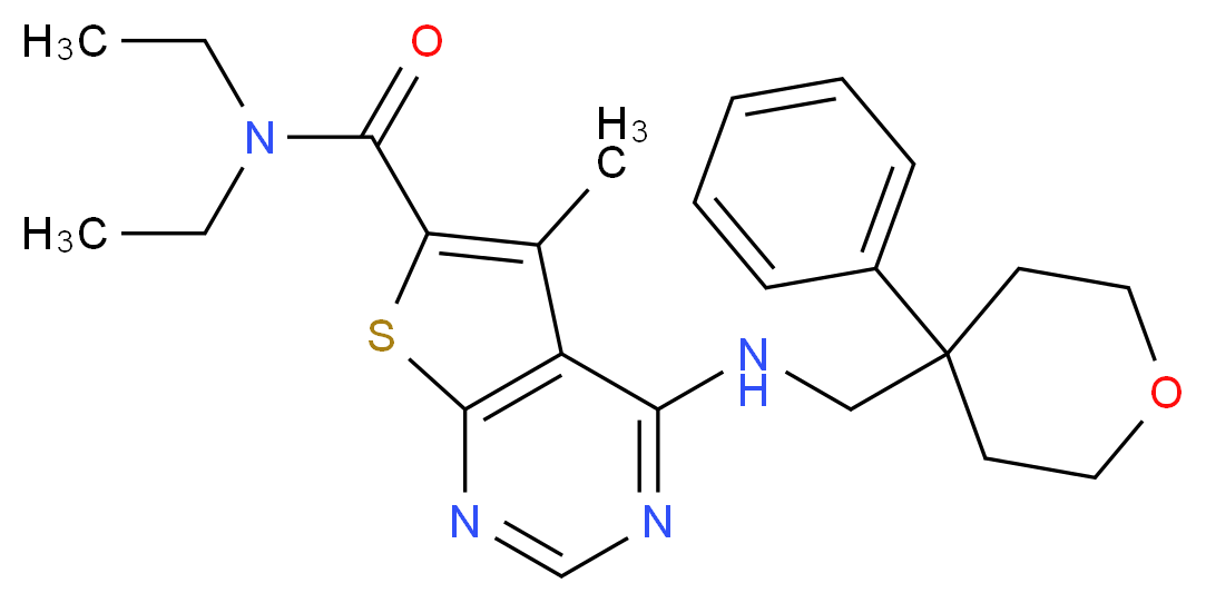 N,N-diethyl-5-methyl-4-{[(4-phenyltetrahydro-2H-pyran-4-yl)methyl]amino}thieno[2,3-d]pyrimidine-6-carboxamide_Molecular_structure_CAS_)