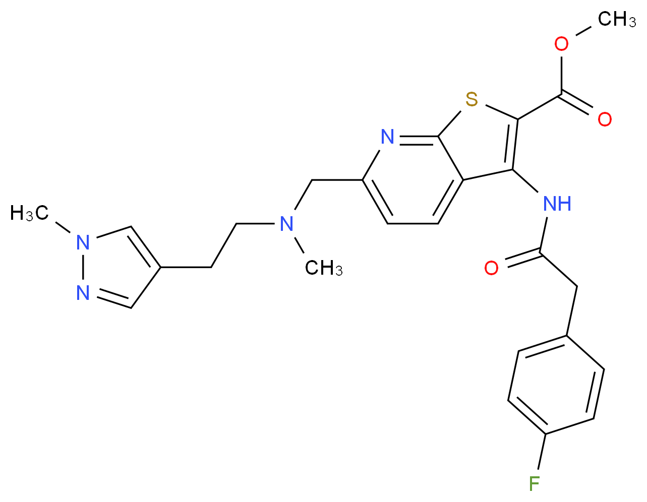 methyl 3-{[(4-fluorophenyl)acetyl]amino}-6-({methyl[2-(1-methyl-1H-pyrazol-4-yl)ethyl]amino}methyl)thieno[2,3-b]pyridine-2-carboxylate_Molecular_structure_CAS_)