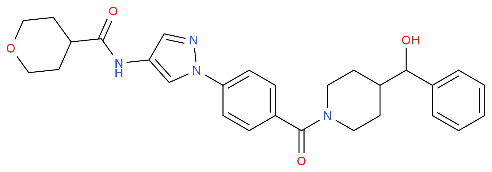 N-{1-[4-({4-[hydroxy(phenyl)methyl]-1-piperidinyl}carbonyl)phenyl]-1H-pyrazol-4-yl}tetrahydro-2H-pyran-4-carboxamide_Molecular_structure_CAS_)