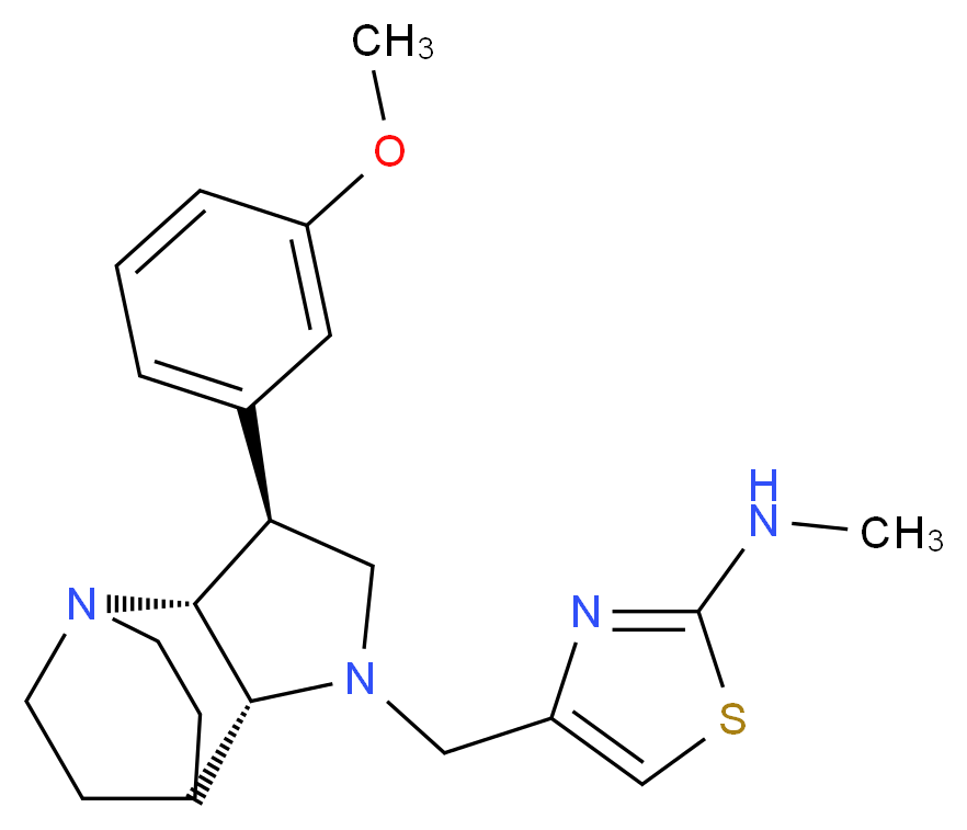 4-{[(2R*,3S*,6R*)-3-(3-methoxyphenyl)-1,5-diazatricyclo[5.2.2.0~2,6~]undec-5-yl]methyl}-N-methyl-1,3-thiazol-2-amine_Molecular_structure_CAS_)
