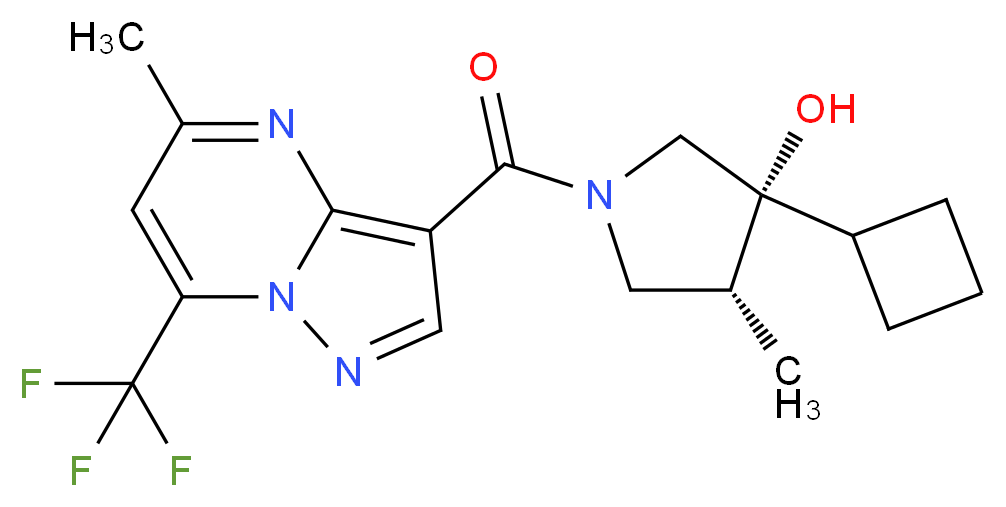 (3R*,4R*)-3-cyclobutyl-4-methyl-1-{[5-methyl-7-(trifluoromethyl)pyrazolo[1,5-a]pyrimidin-3-yl]carbonyl}pyrrolidin-3-ol_Molecular_structure_CAS_)