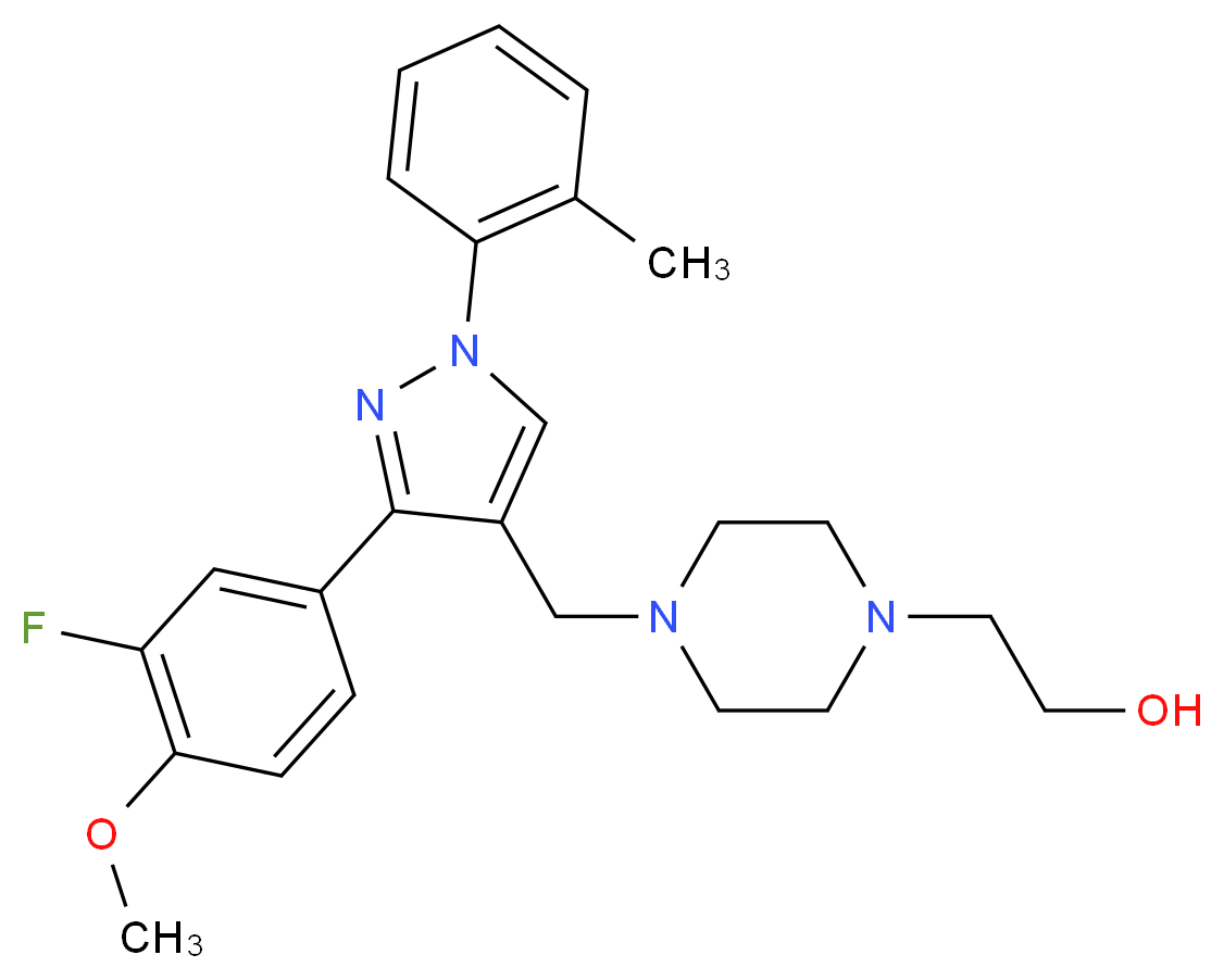 2-(4-{[3-(3-fluoro-4-methoxyphenyl)-1-(2-methylphenyl)-1H-pyrazol-4-yl]methyl}-1-piperazinyl)ethanol_Molecular_structure_CAS_)