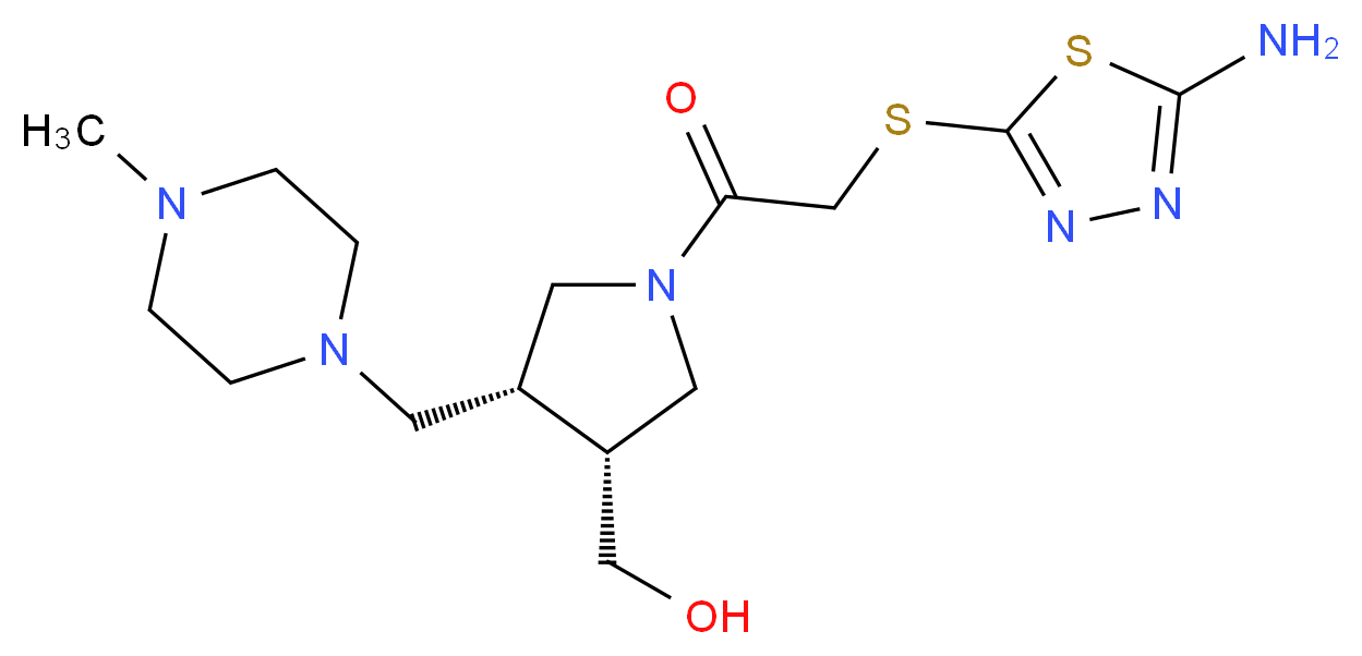 {(3R*,4R*)-1-{[(5-amino-1,3,4-thiadiazol-2-yl)thio]acetyl}-4-[(4-methylpiperazin-1-yl)methyl]pyrrolidin-3-yl}methanol_Molecular_structure_CAS_)