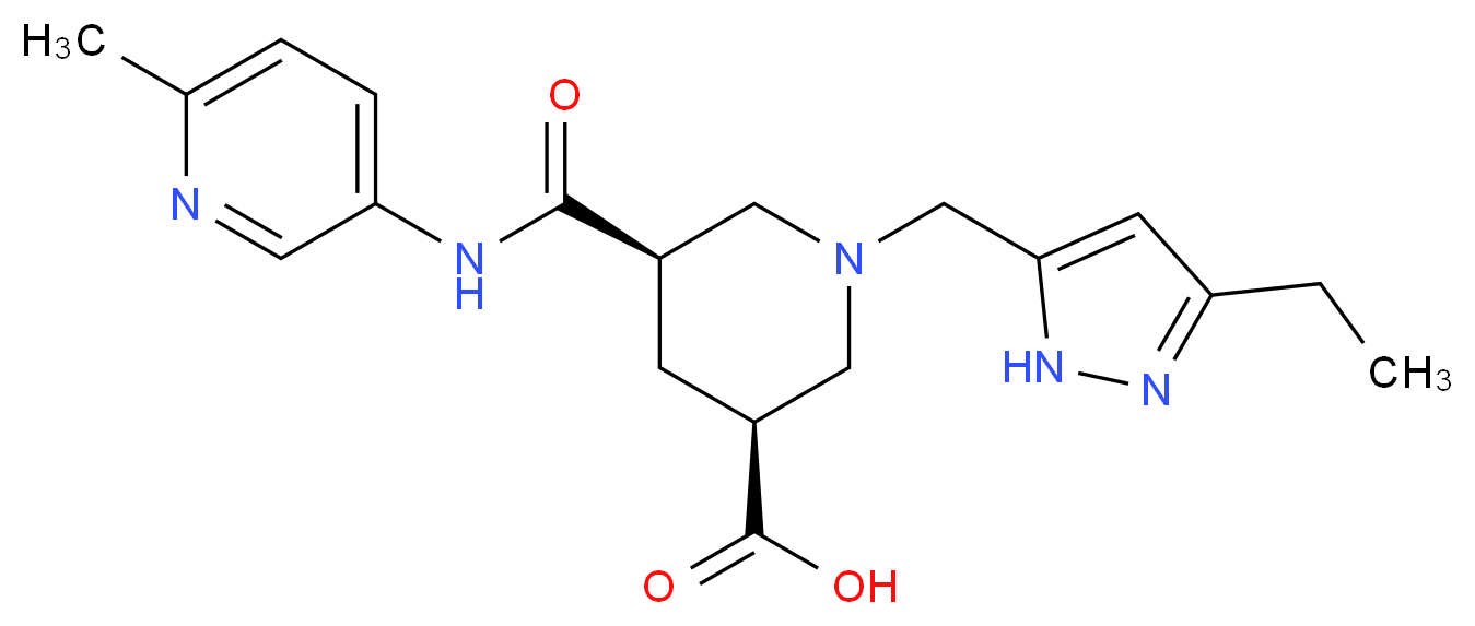 (3S*,5R*)-1-[(3-ethyl-1H-pyrazol-5-yl)methyl]-5-{[(6-methyl-3-pyridinyl)amino]carbonyl}-3-piperidinecarboxylic acid_Molecular_structure_CAS_)