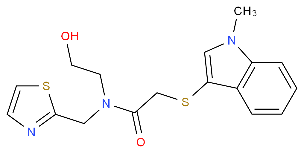 N-(2-hydroxyethyl)-2-[(1-methyl-1H-indol-3-yl)thio]-N-(1,3-thiazol-2-ylmethyl)acetamide_Molecular_structure_CAS_)