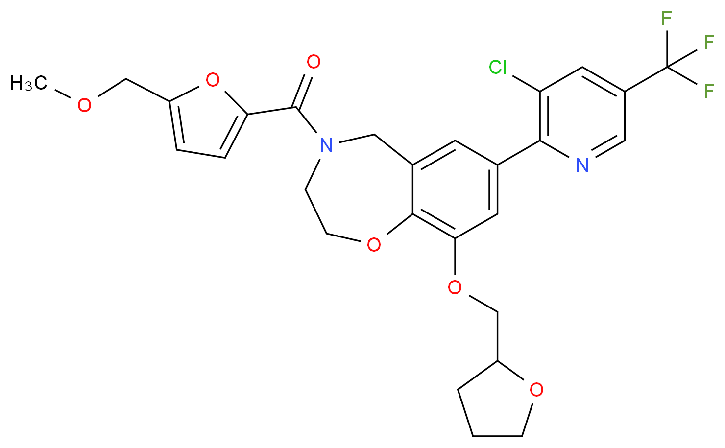 7-[3-chloro-5-(trifluoromethyl)-2-pyridinyl]-4-[5-(methoxymethyl)-2-furoyl]-9-(tetrahydro-2-furanylmethoxy)-2,3,4,5-tetrahydro-1,4-benzoxazepine_Molecular_structure_CAS_)