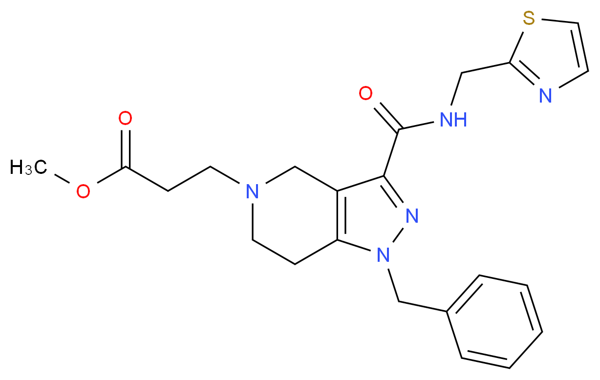 methyl 3-(1-benzyl-3-{[(1,3-thiazol-2-ylmethyl)amino]carbonyl}-1,4,6,7-tetrahydro-5H-pyrazolo[4,3-c]pyridin-5-yl)propanoate_Molecular_structure_CAS_)
