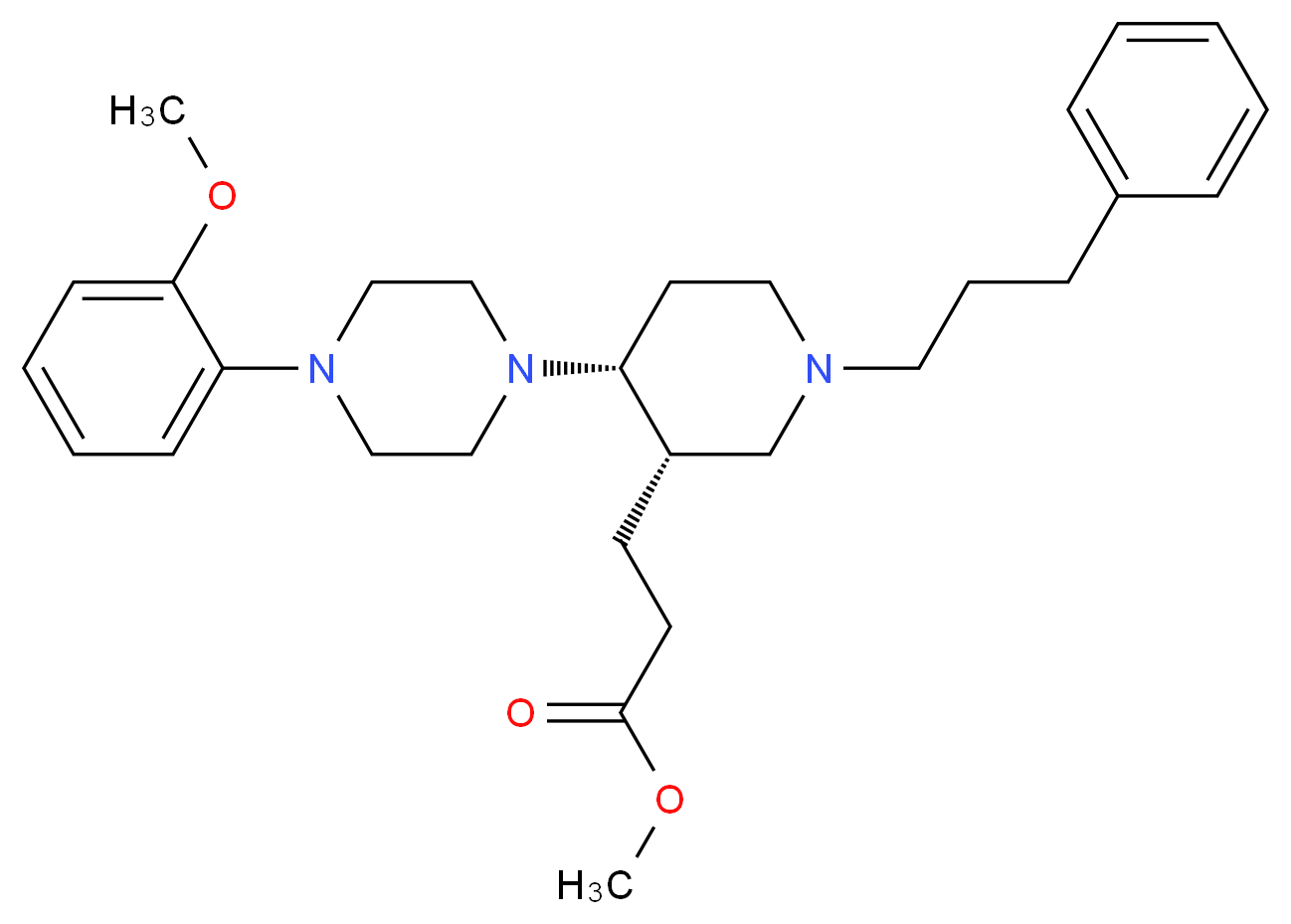 methyl 3-[(3S*,4R*)-4-[4-(2-methoxyphenyl)-1-piperazinyl]-1-(3-phenylpropyl)-3-piperidinyl]propanoate_Molecular_structure_CAS_)