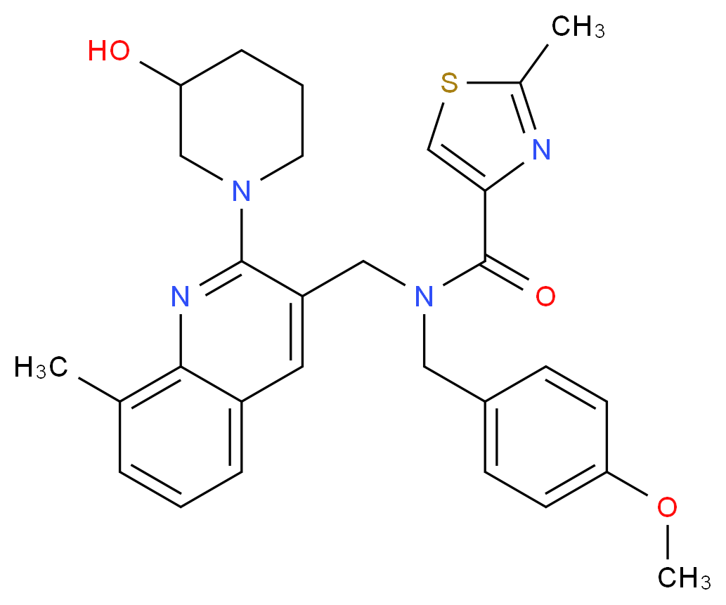 N-{[2-(3-hydroxy-1-piperidinyl)-8-methyl-3-quinolinyl]methyl}-N-(4-methoxybenzyl)-2-methyl-1,3-thiazole-4-carboxamide_Molecular_structure_CAS_)