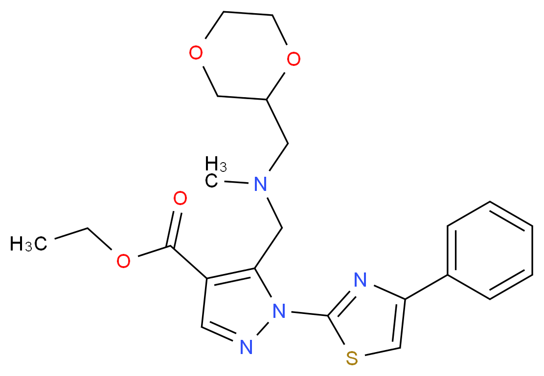 ethyl 5-{[(1,4-dioxan-2-ylmethyl)(methyl)amino]methyl}-1-(4-phenyl-1,3-thiazol-2-yl)-1H-pyrazole-4-carboxylate_Molecular_structure_CAS_)