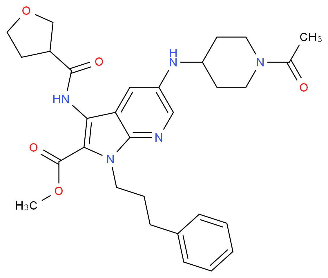 methyl 5-[(1-acetyl-4-piperidinyl)amino]-1-(3-phenylpropyl)-3-[(tetrahydro-3-furanylcarbonyl)amino]-1H-pyrrolo[2,3-b]pyridine-2-carboxylate_Molecular_structure_CAS_)