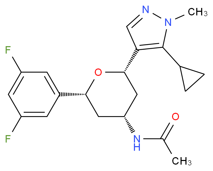 N-[(2S*,4R*,6R*)-2-(5-cyclopropyl-1-methyl-1H-pyrazol-4-yl)-6-(3,5-difluorophenyl)tetrahydro-2H-pyran-4-yl]acetamide_Molecular_structure_CAS_)