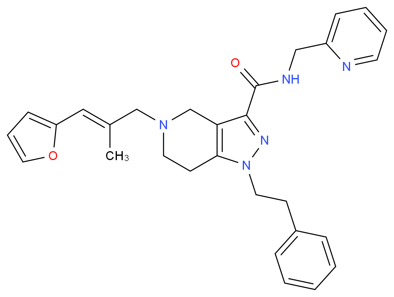 5-[(2E)-3-(2-furyl)-2-methyl-2-propen-1-yl]-1-(2-phenylethyl)-N-(2-pyridinylmethyl)-4,5,6,7-tetrahydro-1H-pyrazolo[4,3-c]pyridine-3-carboxamide_Molecular_structure_CAS_)